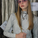 White Striped Mid-high Collar Long Sleeve