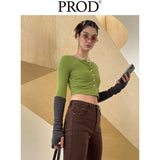 Button Down Crop Top Long Sleeve / Green