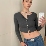 Button Down Crop Top Long Sleeve / Dark Gray