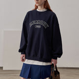 Loose Fit Memory Letters Embroidered Crewneck Sweatshirt / Navy Blue