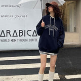 Loose Fit Memory Letters Embroidered Hoodie / Navy Blue