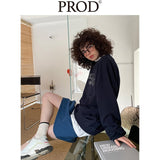 Loose Fit Memory Letters Embroidered Crewneck Sweatshirt / Navy Blue
