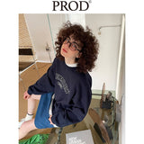 Loose Fit Memory Letters Embroidered Crewneck Sweatshirt / Navy Blue