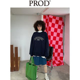 Loose Fit Memory Letters Embroidered Crewneck Sweatshirt / Navy Blue