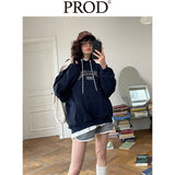 Loose Fit Memory Letters Embroidered Hoodie / Navy Blue