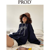 Loose Fit Memory Letters Embroidered Hoodie / Navy Blue