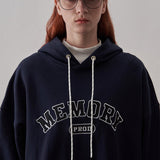 Loose Fit Memory Letters Embroidered Hoodie / Navy Blue