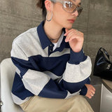 Loose Fit Striped Polo Sweatshirt / Gray Blue