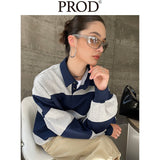 Loose Fit Striped Polo Sweatshirt / Gray Blue