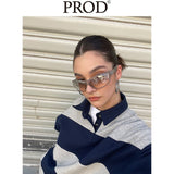 Loose Fit Striped Polo Sweatshirt / Gray Blue