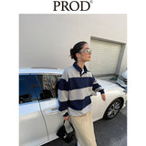 Loose Fit Striped Polo Sweatshirt / Gray Blue