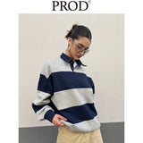 Loose Fit Striped Polo Sweatshirt / Gray Blue