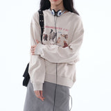 Loose Fit A Disobedient Cat Crewneck Sweatshirt / Beige