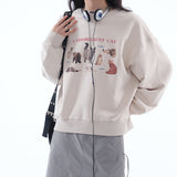 Loose Fit A Disobedient Cat Crewneck Sweatshirt / Beige