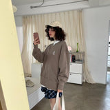 Loose Fit Ribbed Crewneck Sweatshirt with White Neckline / Milk Coffee