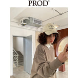 Loose Fit Ribbed Crewneck Sweatshirt with White Neckline / Milk Coffee