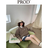 Loose Fit Ribbed Crewneck Sweatshirt with White Neckline / Milk Coffee
